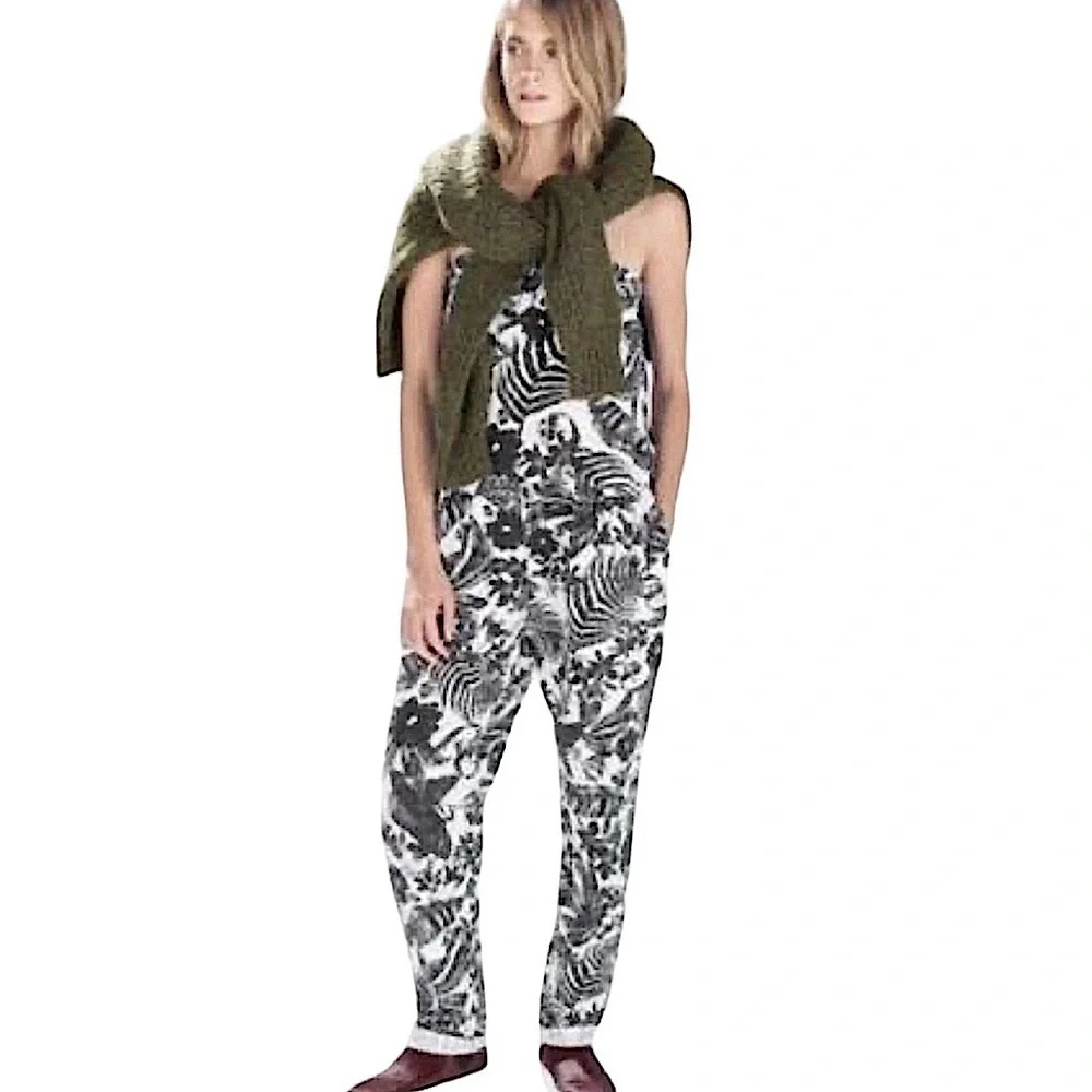 Zara Trafaluc Black & White Floral Linen Bandeau Strapless Jumpsuit Size Small
